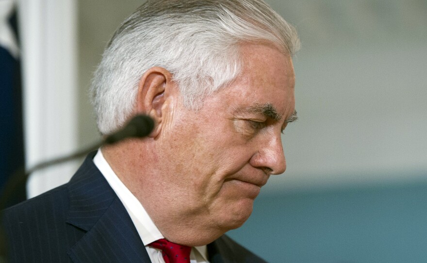 Secretary of State Rex Tillerson turns away from a podium after making a statement at the State Department in Washington, D.C., on Oct. 4, 2017, in which he did not deny having called President Trump a "moron."