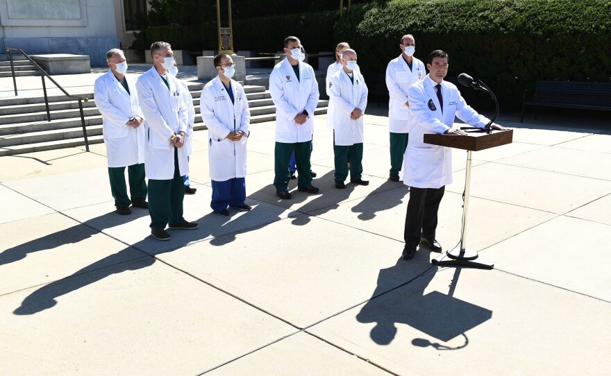 White House physician Dr. Sean Conley gives an update on the condition of President Donald Trump Saturday at Walter Reed Medical Center in Bethesda, Md.