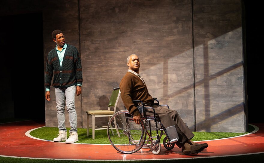 Tommie Smith (Korey Jackson) speaks with Jesse Owens (Michael Early) in the play "The XIXth," in an undated photo. Jesse Owens was an American sprinter in the 1936 Berlin Olympics, who protested against Hitler and Nazi Germany, and playwright Kemp Powers wanted to explore the way history overlaps.