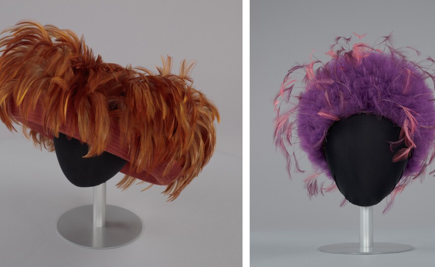 (Clockwise from top left) Ochre-colored rolled brim suede hat with feathers; purple tulle cap with pink and purple feathers; blue and white hat with blue tulle streamer; red feather lamp shade hat.