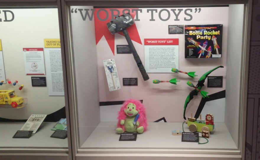 Included in the museum is a display of dangerous toys that pose safety risks like choking hazards to young kids.