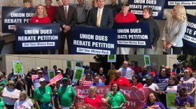 Top: Reform California's Carl DeMaio rallies with supporters in Escondido, Jan. 9, 2018. Bottom: Union workers rally in Hillcest, June 27, 2018.