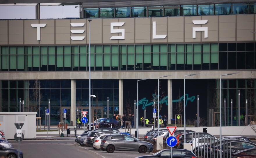 The Tesla Inc. Gigafactory in Grünheide, Germany, on Tuesday. The company halted production at its factory outside of Berlin and sent workers home after suspected arson at a nearby high-voltage pylon caused power failures throughout the region.