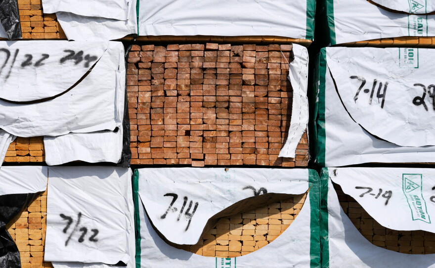 Canadian lumber products are shown at Gutherie Lumber Tuesday, Aug. 25, 2026, in Livonia, Mich.