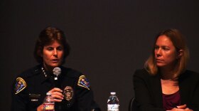 San Diego Police Chief Shelley Zimmerman and Margaret Dooley-Sammuli, the ACLU of San Diego & Imperial Counties' policy director, talk on a community panel about police body cameras. October 14, 2014.