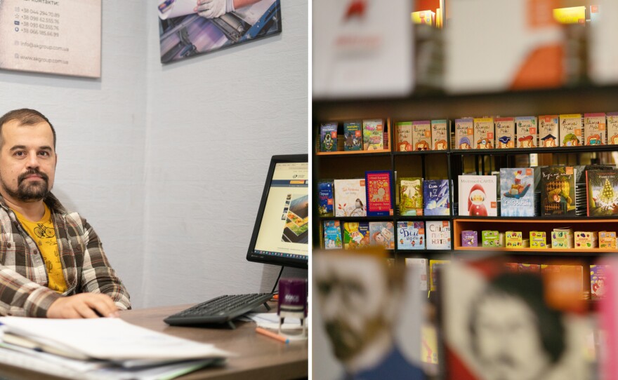 Left: Olexiy Lusko works at AK Group print shop in Kyiv, located in a basement. Today many shops in Kyiv are set up in basements. Lusko says if people came for shelter he would welcome them in. Right: Old Lion bookstore-coffeeshop, one of many places marked on the map as shelters.
