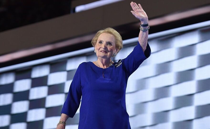 Former U.S. Secretary of State Madeleine Albright waves as she arrives to speak on the second day of the Democratic National Convention.