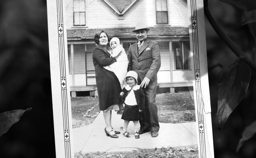 John B. McGillis married Eva Flying Earth (Lakota/Dakota) and they had two daughters, Patricia and Frances. His work for the Bureau of Indian Affairs required his family to relocate often, and pictured is their home provided by the government in Fort Hall, Idaho.