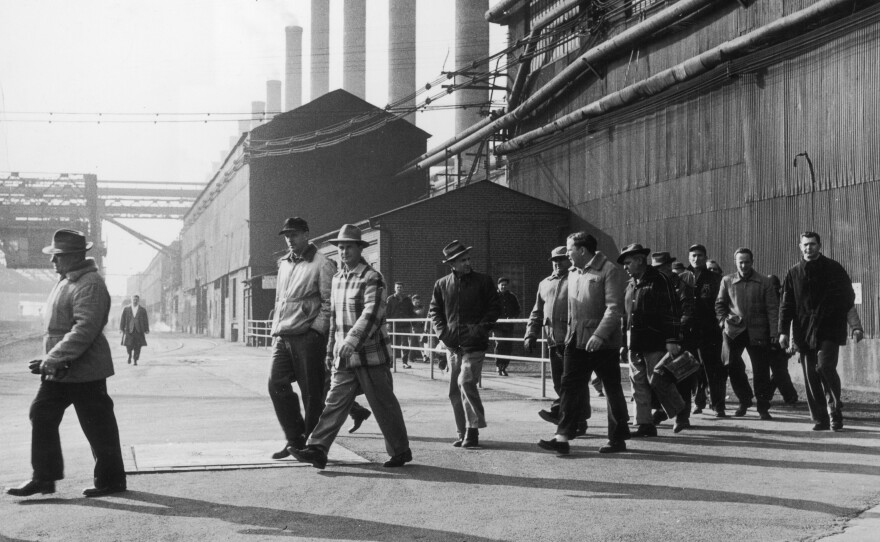 Steelworkers leave a plant at the end of their shift in Bethlehem, Pa., in 1947. Employment in the industry has declined by 80 percent from its peak six decades ago, according to author Douglas Irwin.