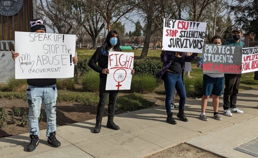 Protestors at Fresno State call for then-Cal State Chancellor Joseph Castro to be held accountable for the university’s response to a spate of sexual assaults on campus on Feb. 5, 2022.