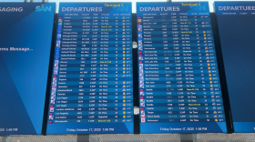 The Departures board at the San Diego International Airport on October 17, 2025