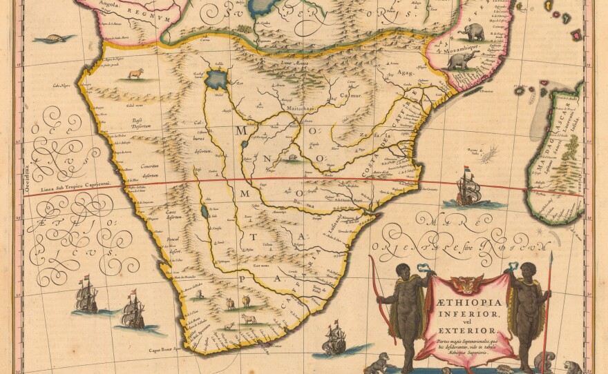 According to the Princeton University Library, this map from 1635 shows the northern boundary of the kingdom of Mutapa (aka Monomotapa) as the Mountains of the Moon (<em>Lunae Montes</em>) — they're in the center beneath the large body of water.
