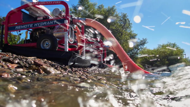 A remote hydrant unit is deployed for a firefighter training session in Clear Lake near Clearlake Oaks on Aug. 27, 2026.