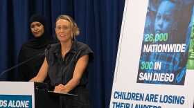 San Diego County Supervisor Terra Lawson-Remer announces a proposal to expand the Immigrant Legal Defense Program at a news conference on Sept. 2, 2025. The Trump administration cut federal funding that provided pro-bono legal services to more than 26,000 unaccompanied migrant children facing deportation, including 300 in San Diego.