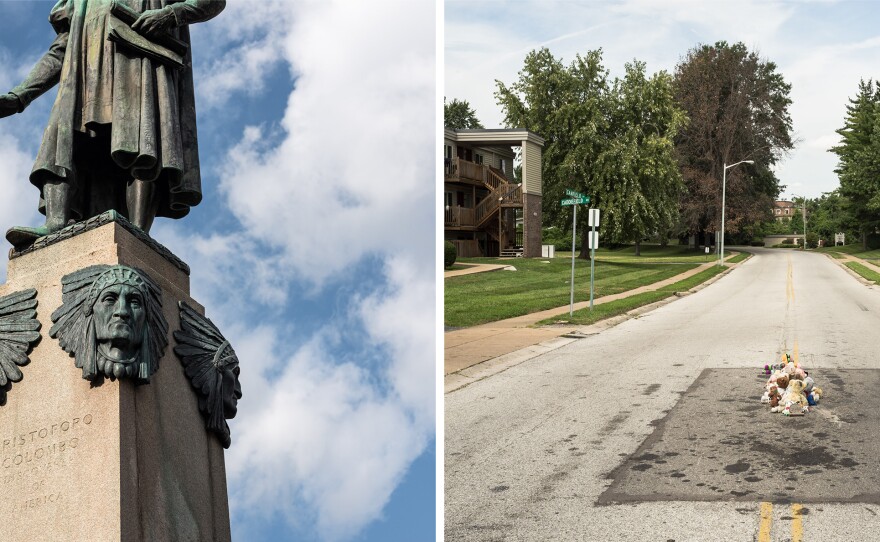 Left: "Discoverer of America," Syracuse, N.Y., 2019. Right: "The Murder of Michael Brown," Ferguson, Mo., 2016.