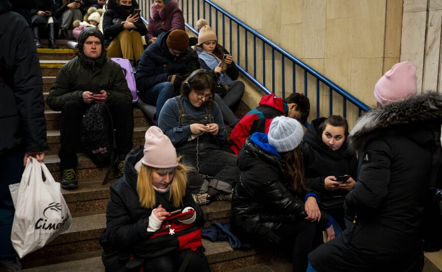 Civilians take shelter in Akademmistechko Metro during an air alert in Kyiv on Monday. Russia renewed its missile attacks across Ukraine on Monday.
