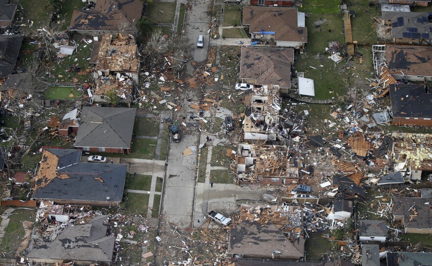 An aerial image shows the destruction in a neighborhood in eastern New Orleans after a tornado touched down there Tuesday. Louisiana's governor has declared a state of emergency.