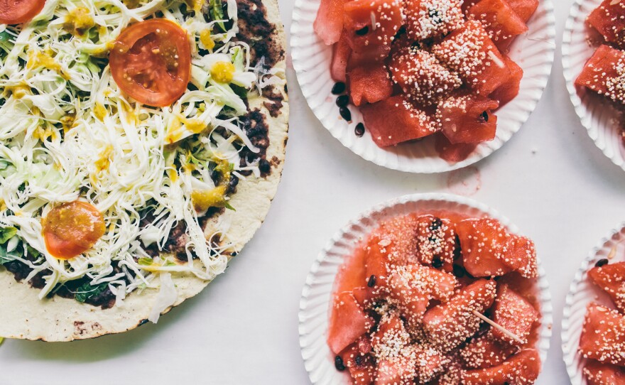 This amaranth-based, open-faced tlayuda is typical of the Mixteca region of Oaxaca. Amaranth cereal sprinkled on fruit, like watermelon, is a common way of consuming amaranth in Mexico.