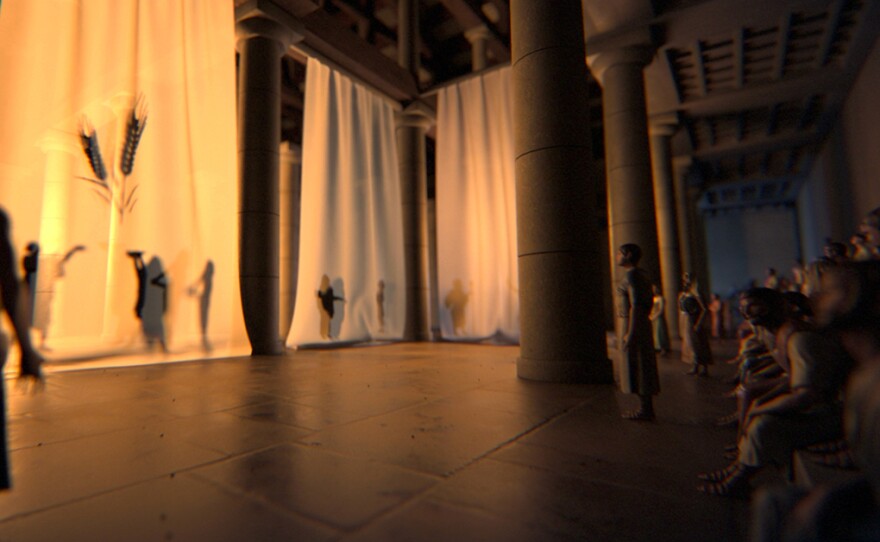 Computer-generated imagery of a religious ceremony performed at the Temple of Eleusis, a pilgrimage site in ancient Rome.