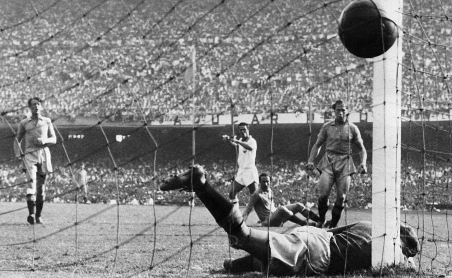 Brazilian forward Ademir Marques de Menezes (center) scores during a 7-1 win over Sweden in the 1950 World Cup at Maracanã stadium, in Rio de Janeiro. The stadium's condition more than six decades later is substantially less glorious than in this moment.