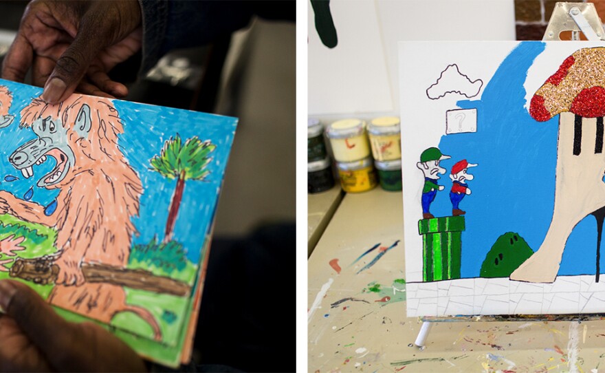 Nonja Tiller holds one of her comics (left) illustrating two characters bullying another for being different. "I'm trying to let people know who we are," she says. "We're humans; we're like anybody else." This Super Mario Brothers-inspired boot was painted by Shawn Payne, whose work is influenced by fashion designers like Christian Louboutin. He hopes his work will include wearables one day.