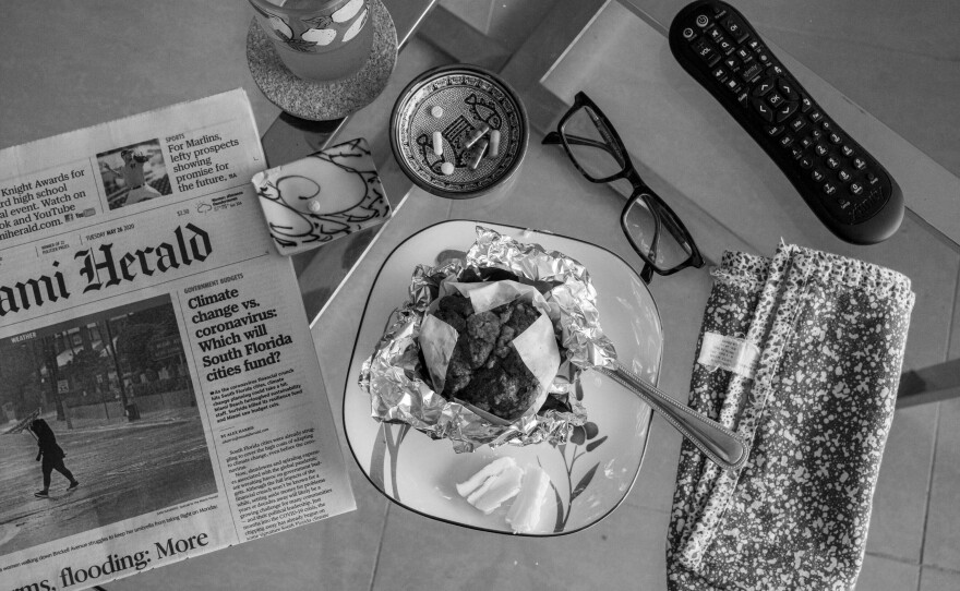 A breakfast muffin with 360 calories and medications for Audrey. In danger of losing more weight and interrupting her chemotherapy, Audrey needed to get her weight up. Audrey's morning routine included a variety of medications for Crohn's, osteoarthritis and dementia. May, 2020.