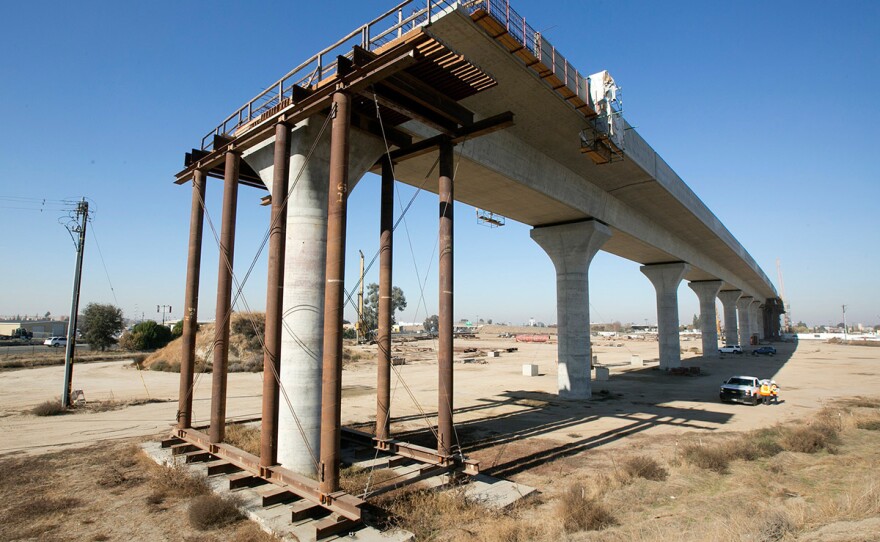 This Dec. 6, 2017, file photo shows one of the elevated sections of the high-speed rail under construction in Fresno, Calif.
