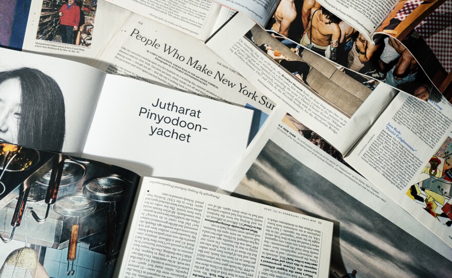 Newspaper and magazine spreads with photo credits attributed to Jutharat Pinyodoonyachet, the photographer. Woodside, Queens, NYC. May 15, 2022.
