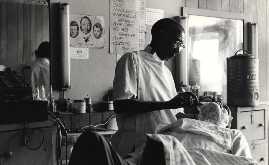 A local barbershop in Tuskegee, AL, 1972.