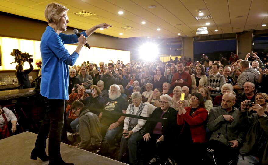 Sen. Elizabeth Warren of Massachusetts speaks to a crowd in Council Bluffs, Iowa.