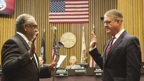 San Diego County Treasurer-Tax Collector Dan McAllister gets sworn in at the County Administration building, Jan. 5, 2015. 