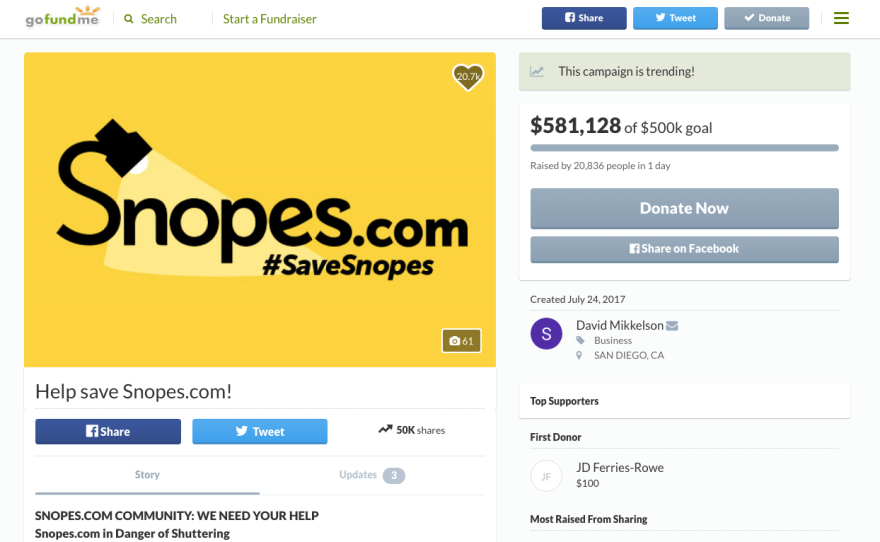 A screenshot of Snopes' crowdfunding campaign, taken on Tuesday, July 25, shows the co-founder of the popular fact-checking website exceeded his $500,000 goal in a single day.