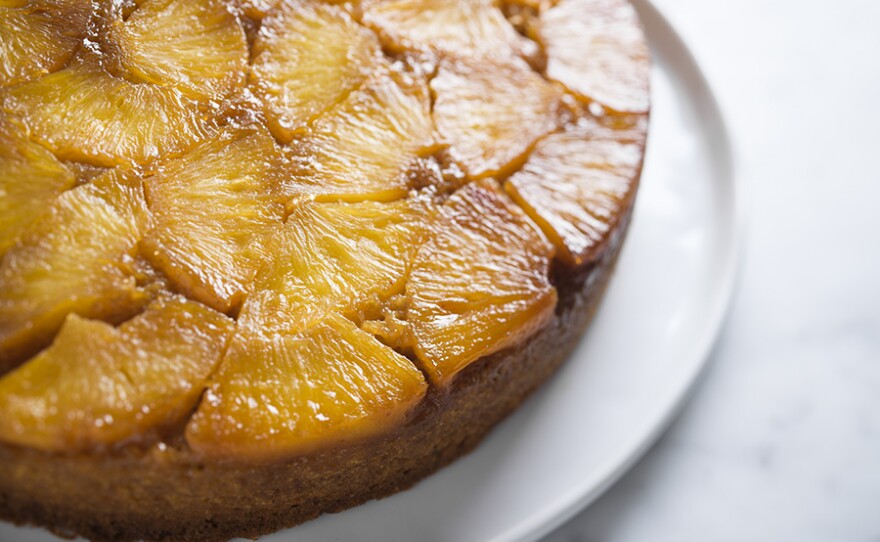 Pineapple Upside-Down Cornmeal Cake with a fresh, caramelized fruit topping.