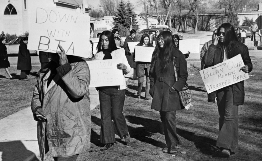 Native American women demonstrate in 1973 on the Pine Ridge Indian Reservation in South Dakota, where roughly 200 American Indians occupied the town of Wounded Knee for the rights of indigenous people.