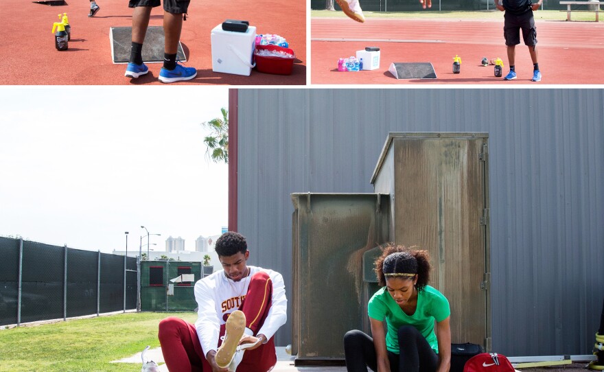 (Top left) Vashti Cunningham warms up as father Randall Cunningham prepares for practice at the University of Nevada Las Vegas' Sheila Tarr Track. (Top right) Randall Cunningham watches son Randall Cunningham Jr. practice the high jump. (Bottom) Siblings Randall and Vashti Cunningham lace up prior to practice with their father.