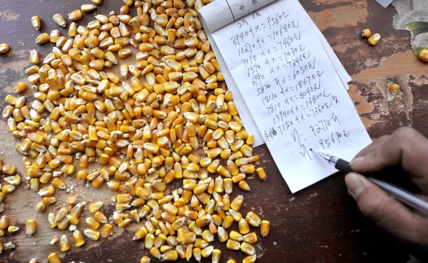 A corn purchaser writes on his account in northwest China in 2012. In November 2013, officials began rejecting imports of U.S. corn when they detected traces of a new gene not yet approved in China.