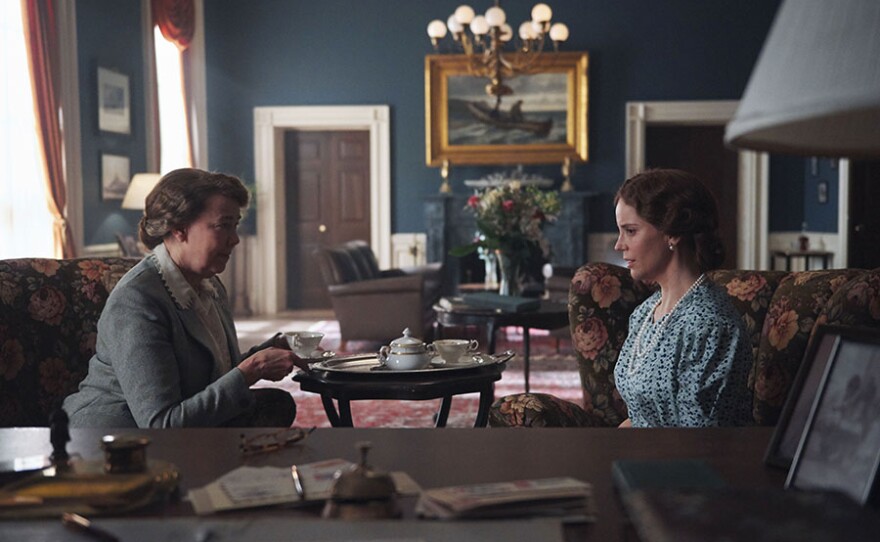 Harriet Sansom Harris as Eleanor Roosevelt and Sofia Helin as Crown Princess Martha in ATLANTIC CROSSING On MASTERPIECE.