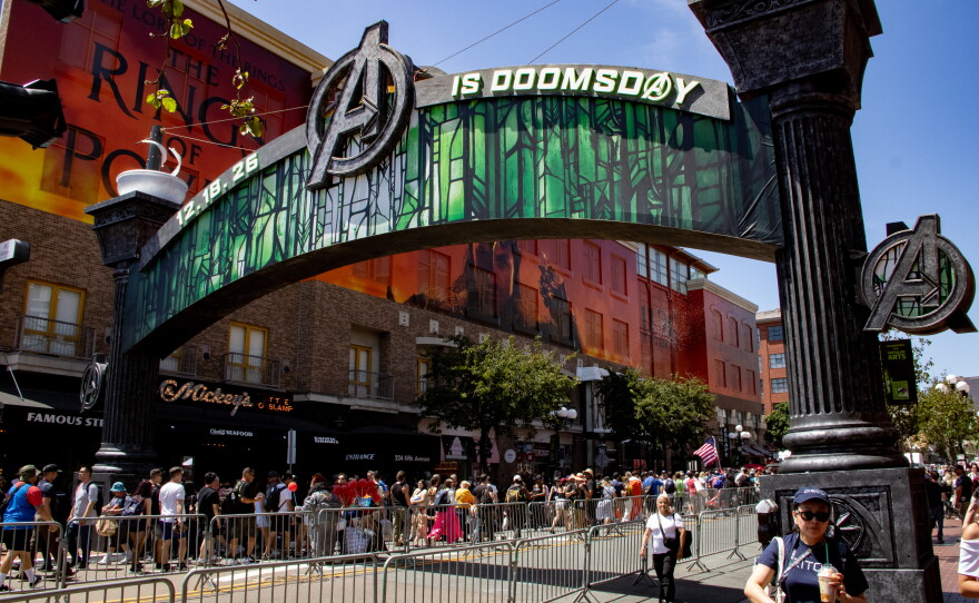 The Gaslamp District sign is wrapped in "Avengers: Doomsday" branding during San Diego Comic-Con on July 23, 2026.