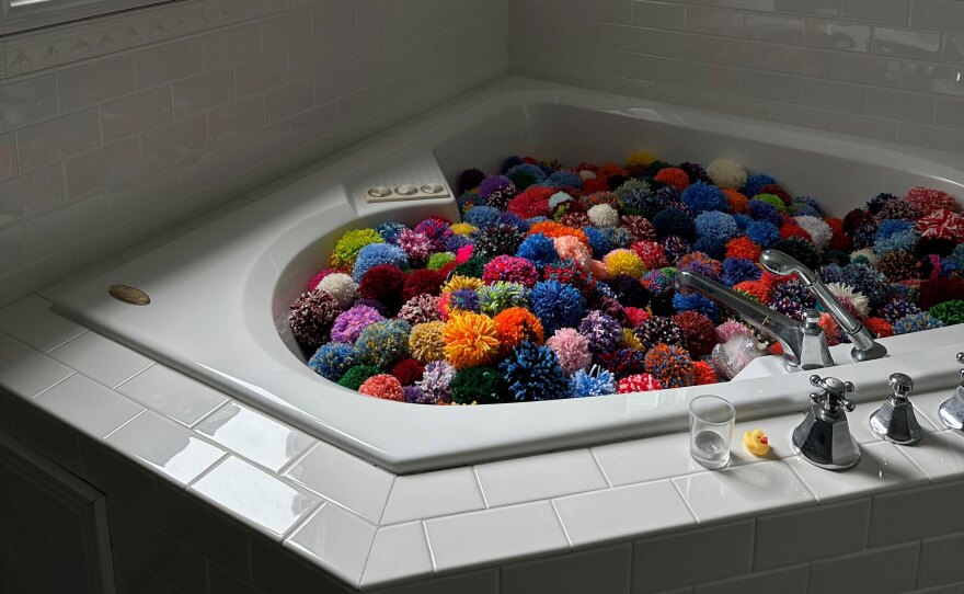 Part of Katie Ruiz's site-specific "The Pompom House" installation is on view at J. Walcher Communications June 8-29, 2024