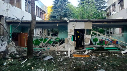 This photo, released by Moscow Region Governor Andrei Vorobyev's official telegram channel, shows a building damaged during a Ukrainian drone attack in Elektrostal, Moscow region of Russia, on Saturday, July 18, 2026.