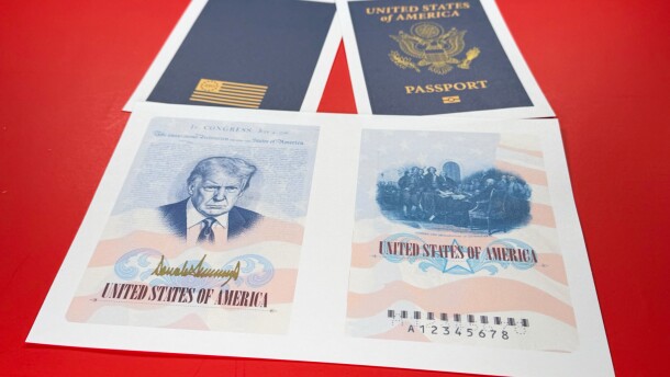 A sample of a limited release of a commemorative U.S. passport that celebrates America's 250th birthday and features a picture of President Donald Trump, is photographed Tuesday, April 28, 2026.