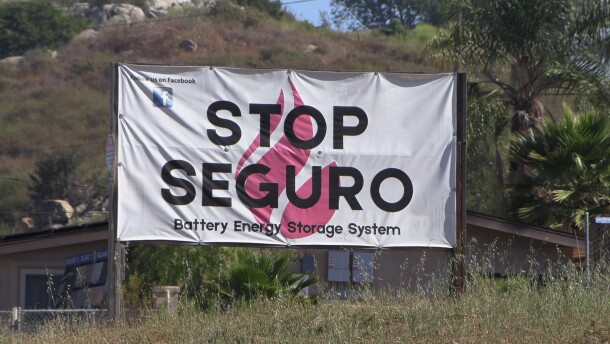 A stop Seguro sign hangs in front of a property in the same community The company behind a controversial battery storage project in Eden Valley near Escondido on April 8, 2026