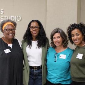 Diane Moss (left), Andrea Guerrero (center right) and Brisa Johnson (right) join KPBS Midday Edition host Jade Hindmon (center left) to discuss how community organizations are showing up for one another in difficult economic times.