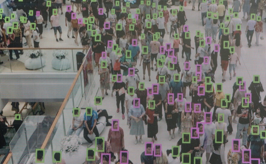 A screen demonstrates facial recognition technology at the World Artificial Intelligence Conference in Shanghai in 2019.