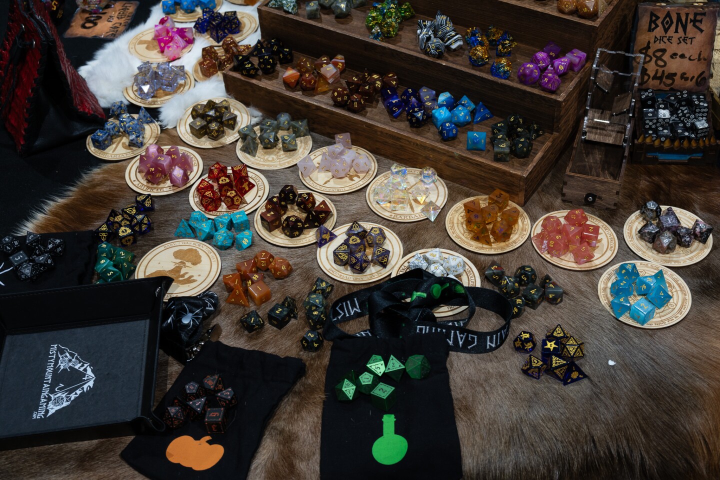 Dice for table-top roleplaying games, like Dungeons & Dragons or Magic the Gathering, displayed at San Diego Comic-Con, July 27, 2024.