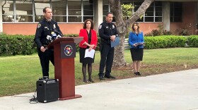 San Diego Police Chief David Nisleit, District Attorney Summer Stephen, and San Diego Unified officials pledged a collaborative effort  to dealing with violent threats against school campuses, March 23, 2018.