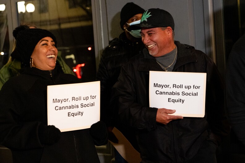 Cannabis equity advocates protest outside Mayor Todd Gloria's annual state of the city address at Balboa Theatre on Wednesday, Jan. 10, 2024.