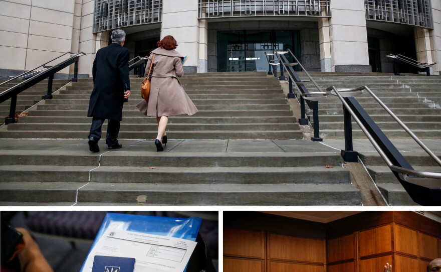(Top) Erkin and Limara Rahimov enter the Charles Evans Whittaker U.S. Courthouse. (Bottom left) Sabikha holds her old Ukrainian passport. "I'm so excited!" Sabikha says, gleefully. "I want to make this country better. It gave so much to me. I want to give back." (Bottom right) New citizens recite the oath of allegiance, pledging to support and defend the Constitution and laws of the United States.