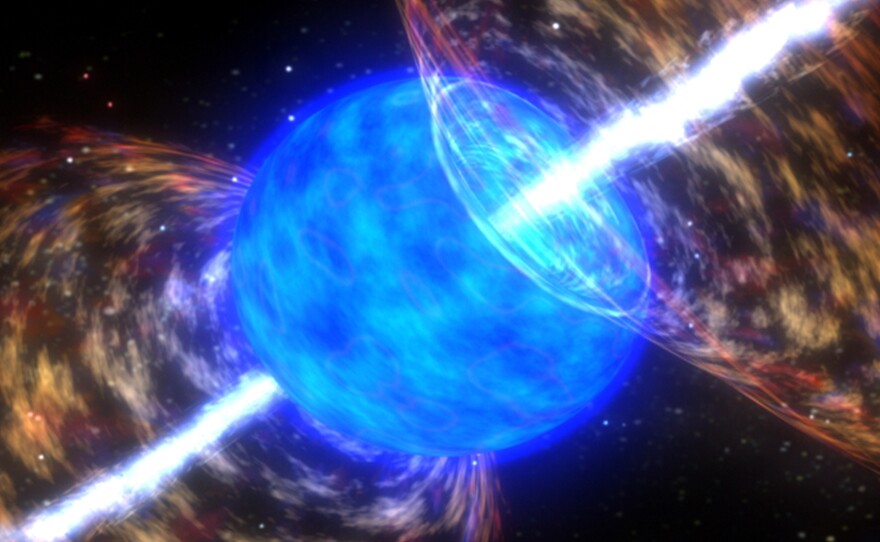 Gamma ray bursts are beams of high-energy particles that shoot from the explosions of dying stars.