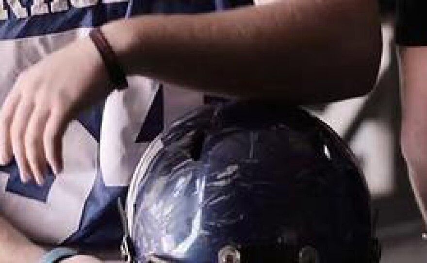 Newcastle player Matt Meyer's scuffed helmet.